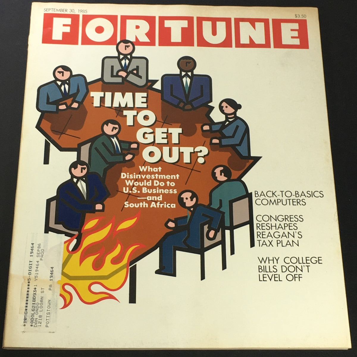 Cover of VTG Fortune Magazine from September 30, 1985, featuring a discussion on U.S. business's relations with South Africa, illustrated with figures around a table and the headline 'Time to Get Out?' highlighting economic impacts.