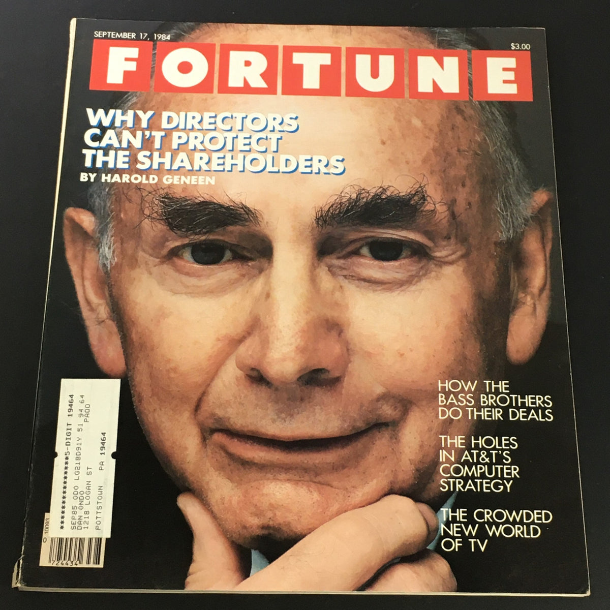 Cover of VTG Fortune Magazine dated September 17, 1984 featuring an article 'The Shareholders' by Harold Geneen, showcasing a close-up of a man's face with the magazine title prominently displayed.