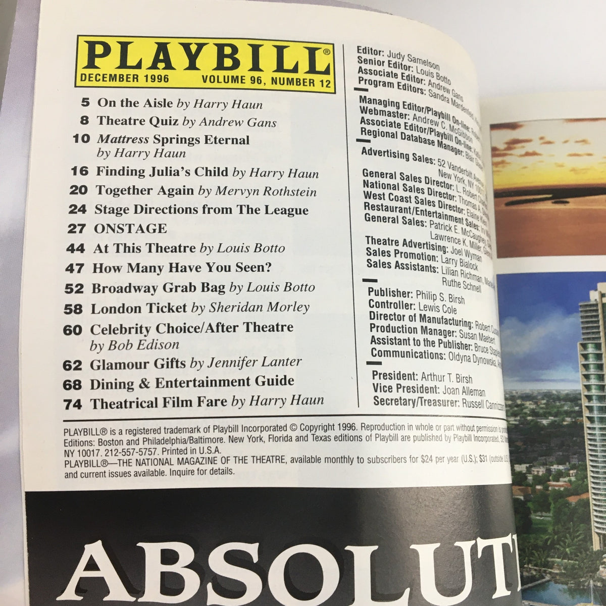Inside content of the 1996 Playbill for Skylight, showcasing the theater program with listings and articles from December 1996.