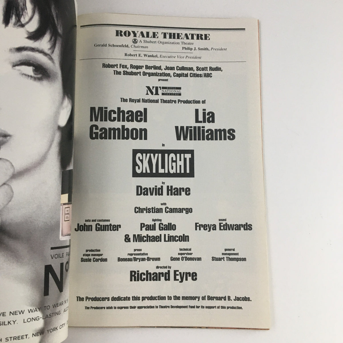 Page from the 1996 Playbill for Skylight at Royale Theatre, detailing cast members including Lia Williams and Michael Gambon, written by David Hare.