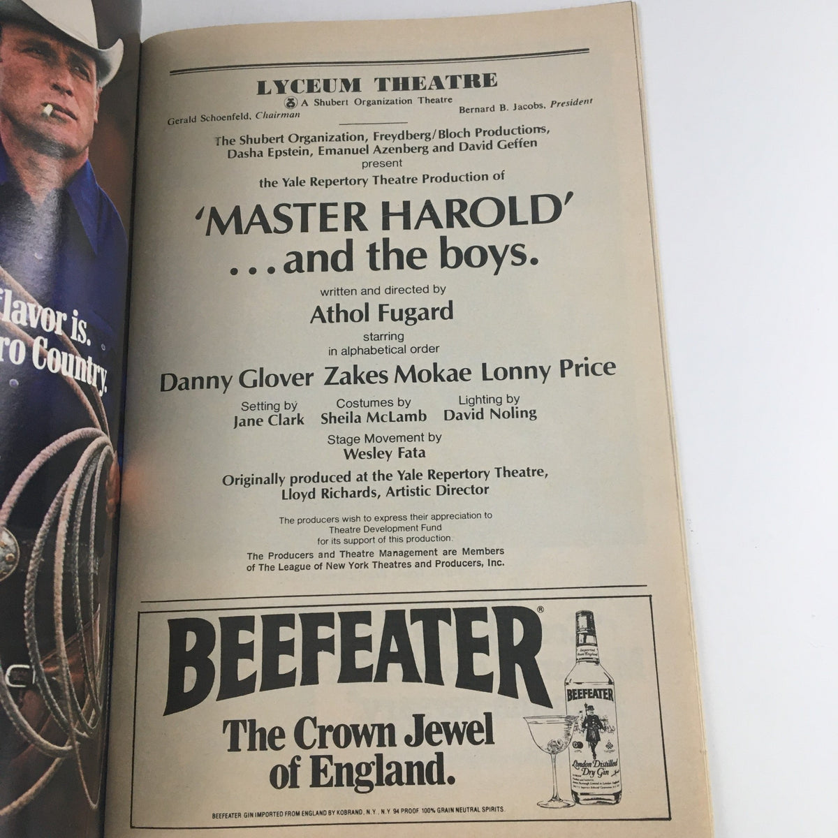 Another interior page of the 1982 Playbill for Master Harold & The Boys by Athol Fugard highlighting cast details and production credits.