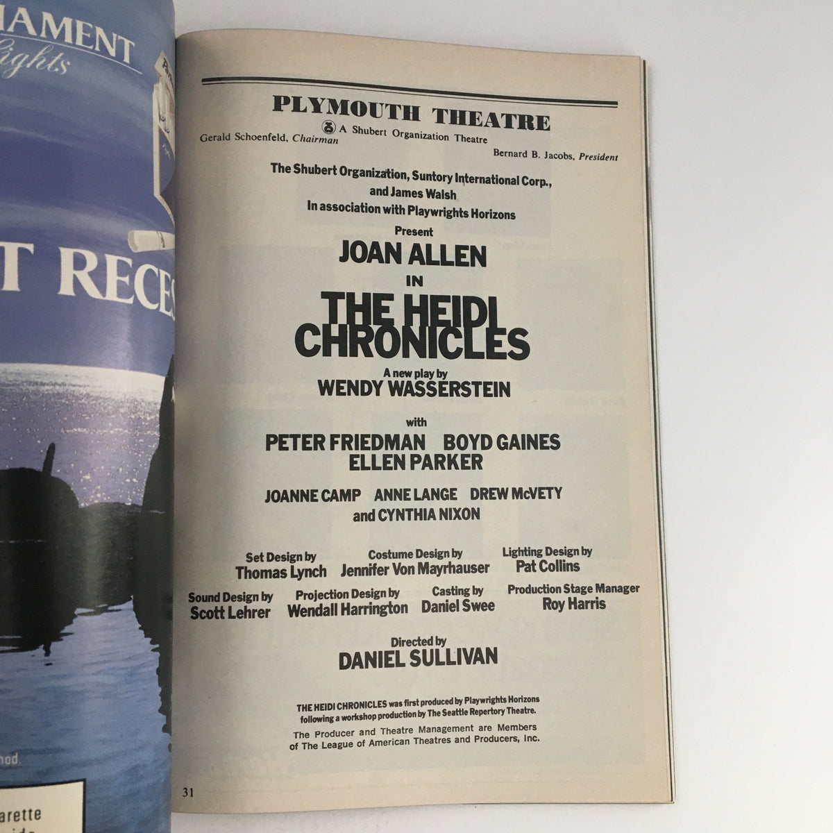 1989 Playbill for The Heidi Chronicles featuring Joan Allen at Plymouth Theatre, showcasing the cast and production details including playwright Wendy Wasserstein.