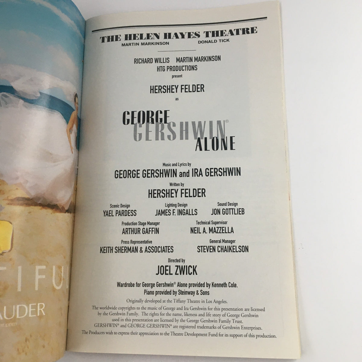 Title page of the 2001 Playbill from The Helen Hayes Theatre featuring Hershey Felder in George Gershwin Alone, including production credits and cast information.