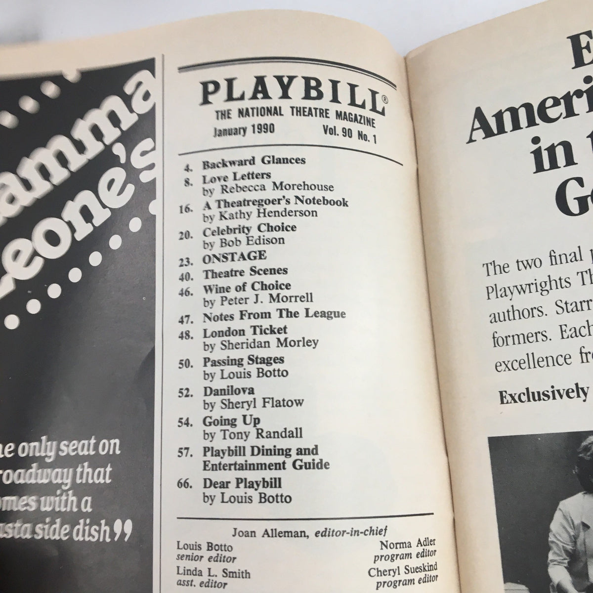Inside page of the 1990 Playbill for Grand Hotel The Musical, featuring a list of articles and highlights from January 1990.