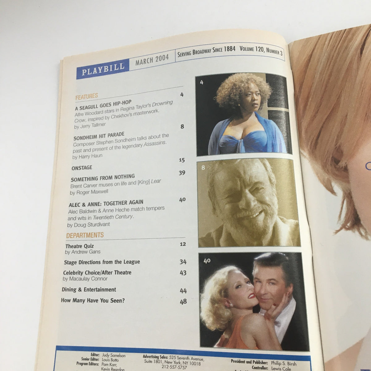 Inside page of the 2004 Playbill for Avenue Q showcasing featured articles and advertisements, highlighting the vibrant Broadway scene of March 2004.