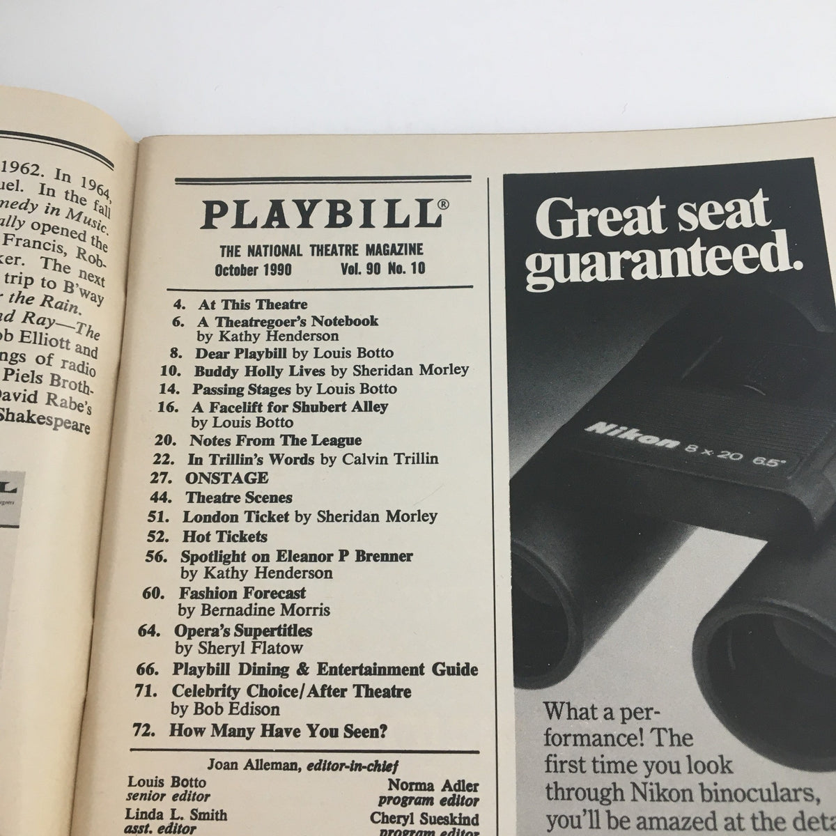 Inside page of the 1990 Playbill featuring the table of contents and details about the production at John Golden Theatre.