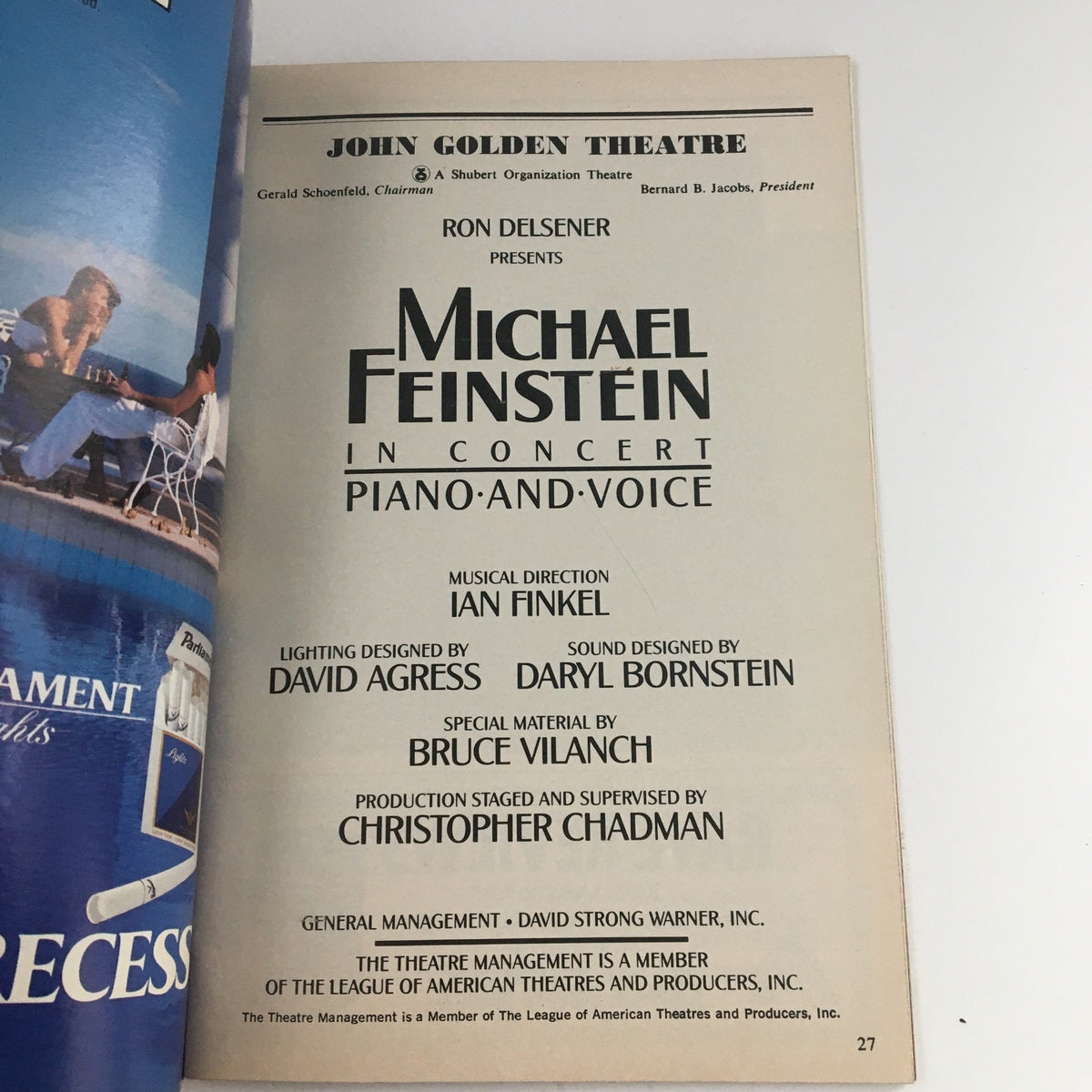 Another inside page of the 1990 Playbill showing credits for Michael Feinstein In Concert Piano and Voice with production team details.