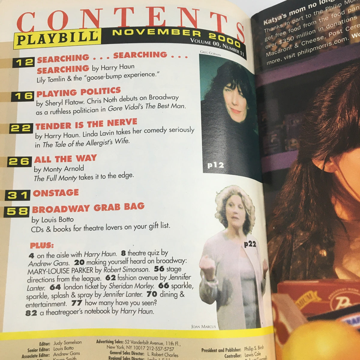 Contents page from the November 2000 Playbill for 'The Tale of The Allergist's Wife', listing articles and features from that issue.