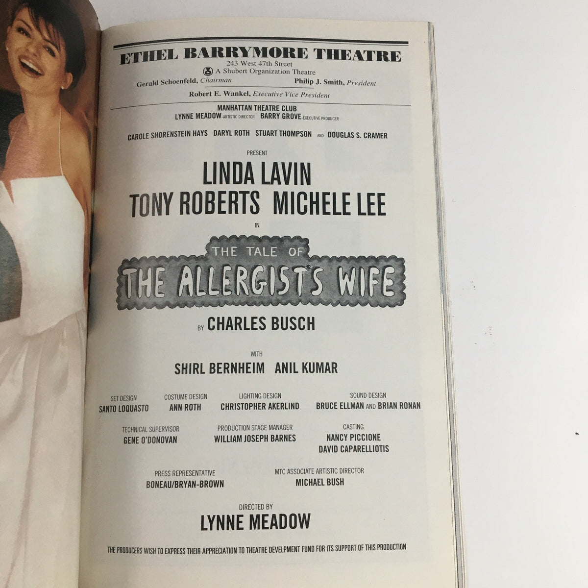 2000 Playbill for The Tale of The Allergist's Wife at Ethel Barrymore Theatre featuring Linda Lavin, Tony Roberts, and Michele Lee.