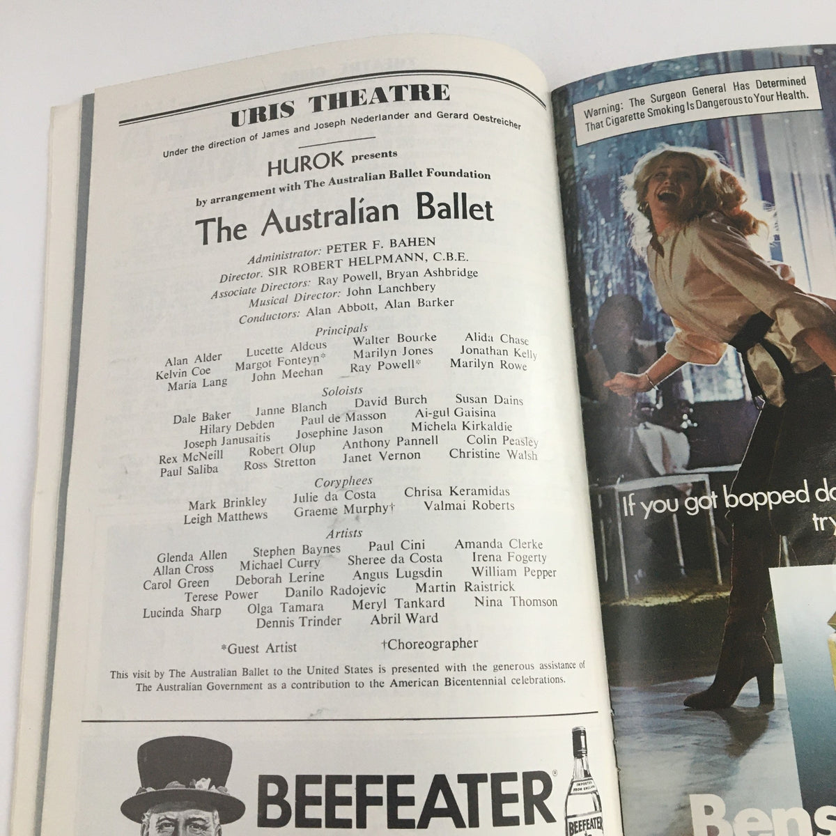 1976 Playbill Uris Theatre featuring Hurok presents The Australian Ballet with cast and administrative details for The Merry Widow.