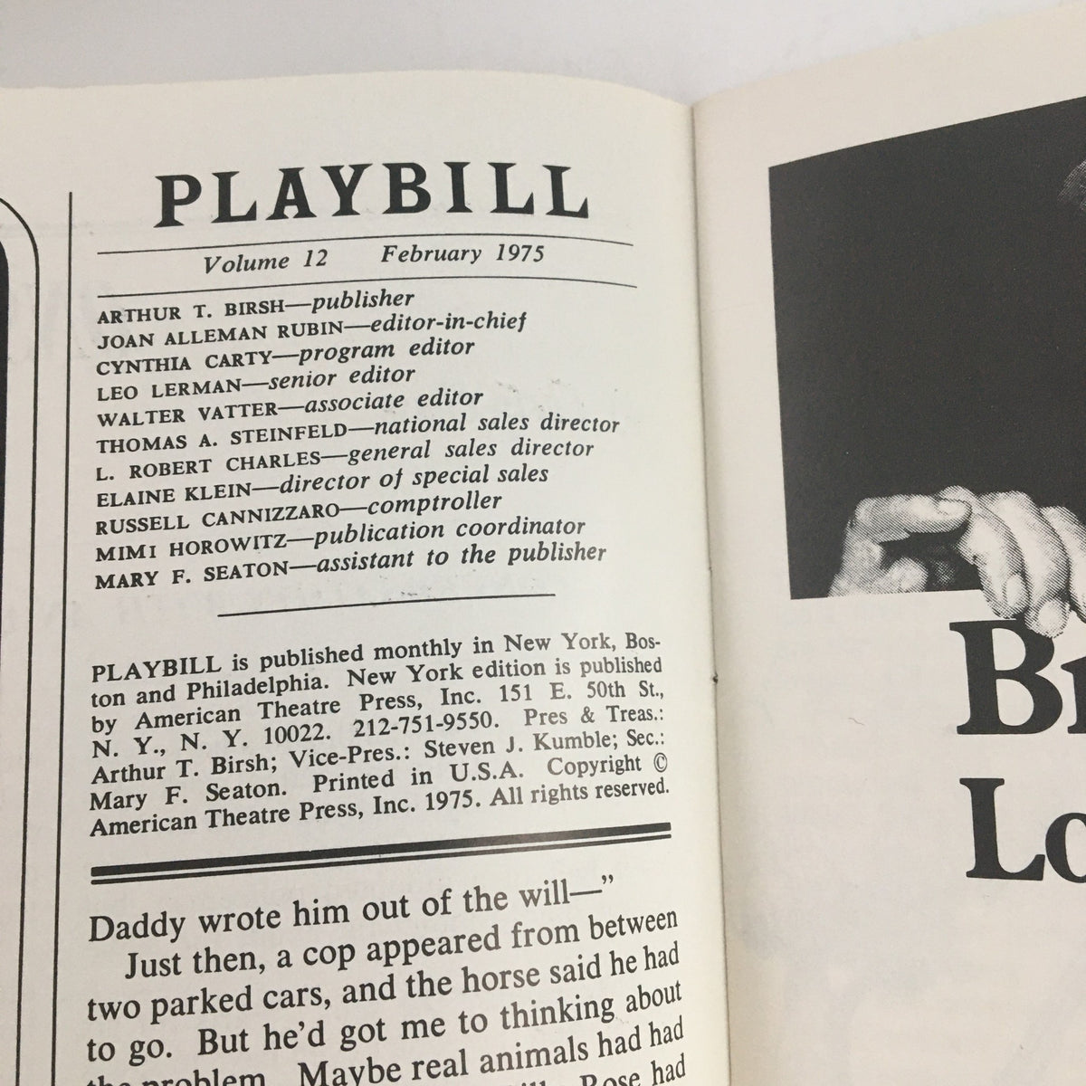 Inside view of the 1975 Playbill for Seascape featuring publisher information and editorial team.