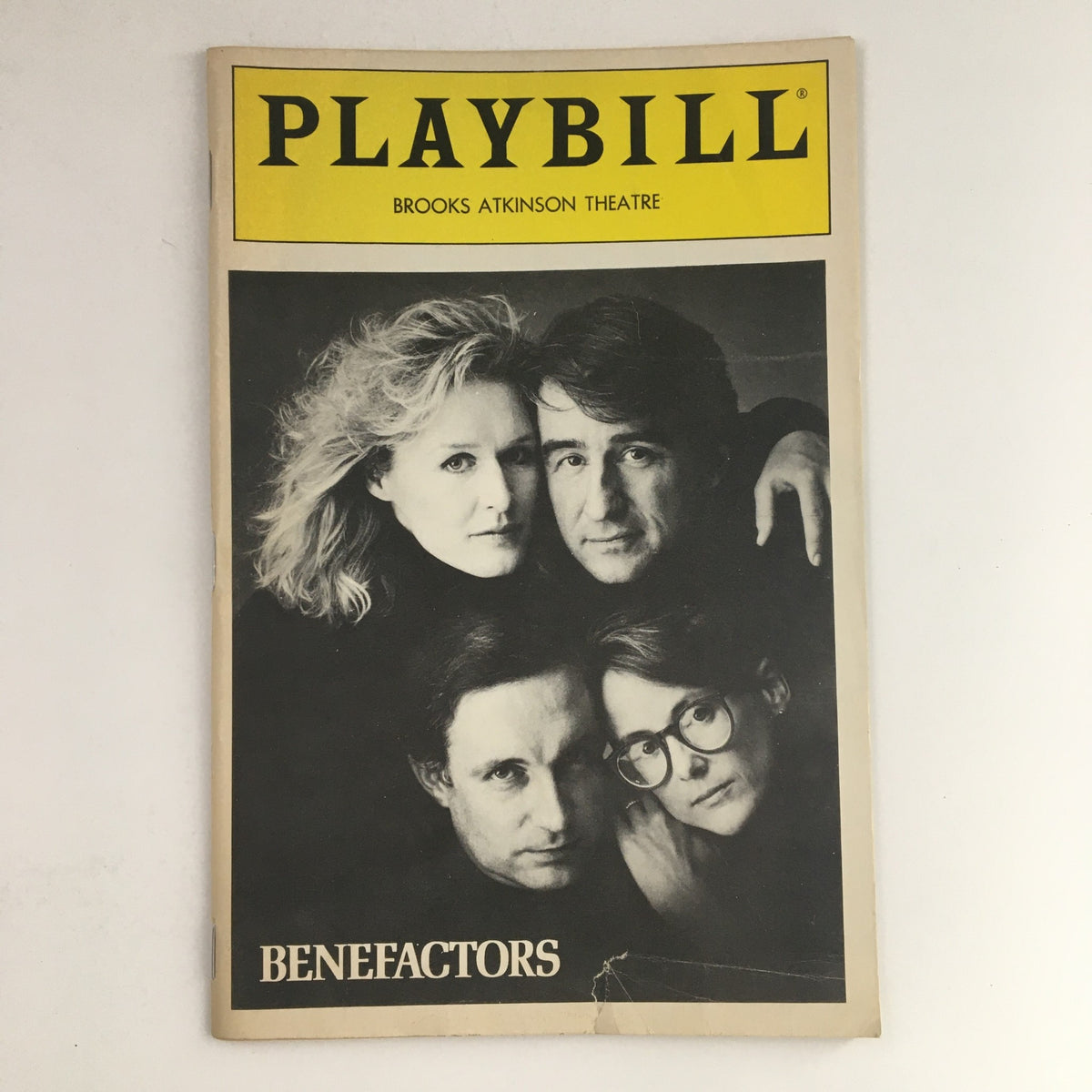 1986 Playbill Brooks Atkinson Theatre featuring cast members from Benefactors, showcasing a vintage black and white cover.