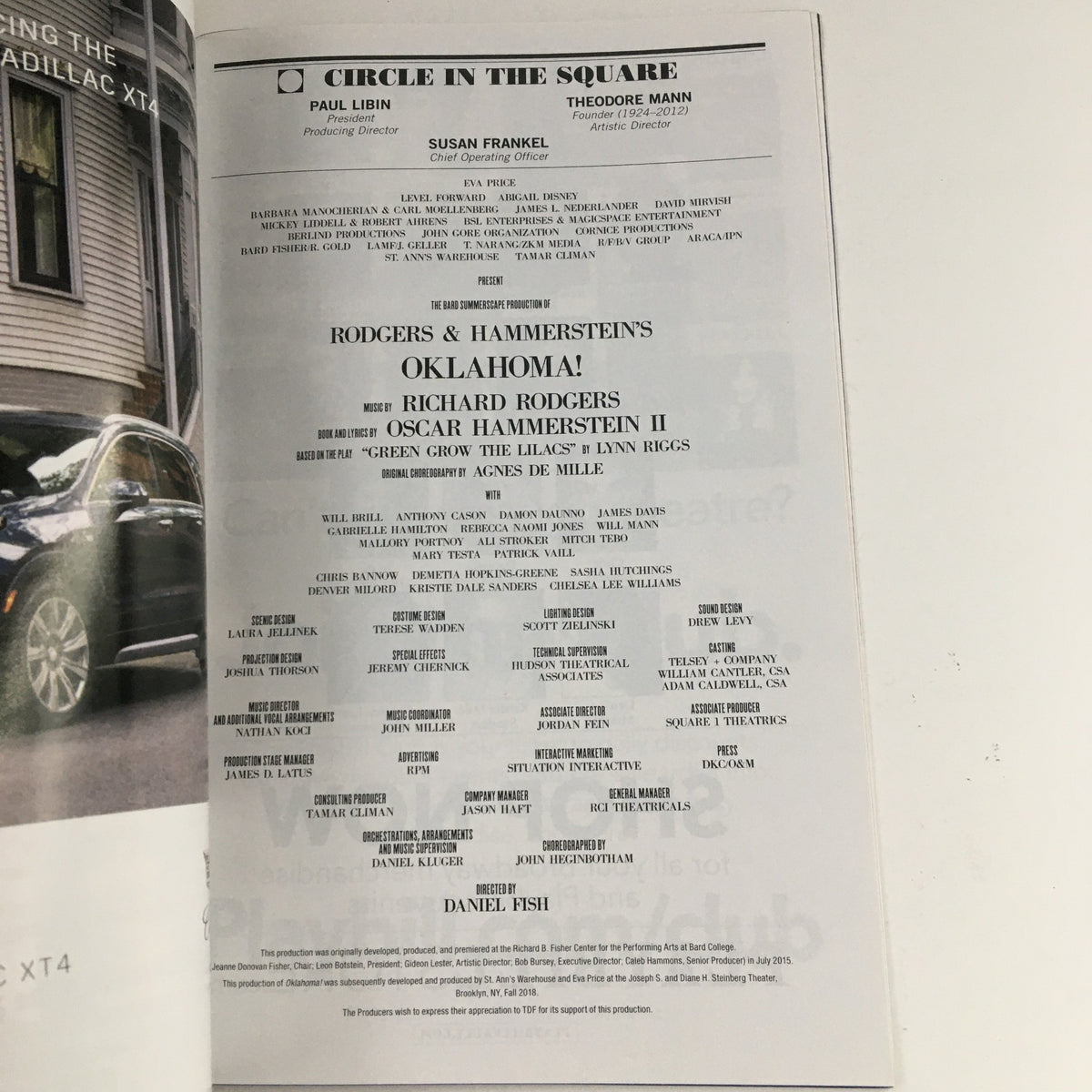 Credits page from the 2019 Playbill Circle In The Square Present Rodgers & Hammerstein's Oklahoma, outlining the cast and crew involved in the production.
