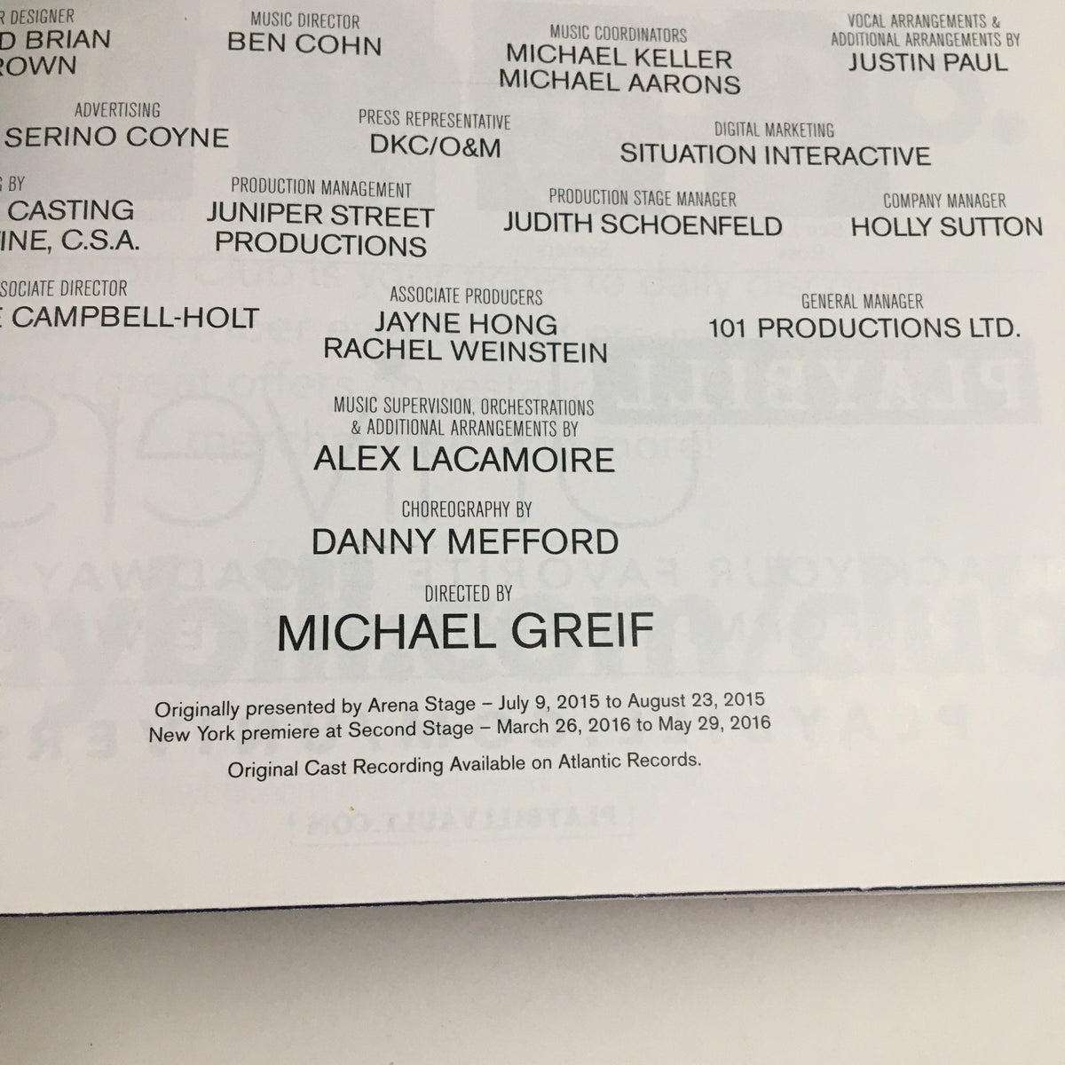 Inside page of the 2015 Playbill for Dear Evan Hansen, featuring cast and crew details, production credits and creative team information for the acclaimed musical directed by Michael Greif.