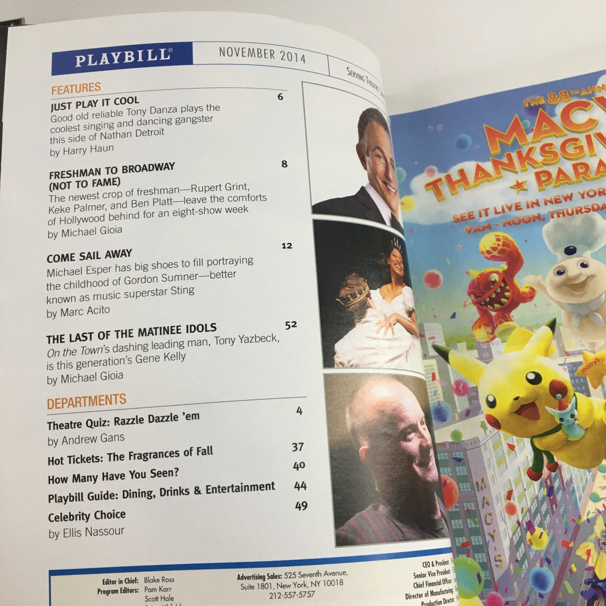 Inside page of the 2014 Playbill for Circle In The Square showing features and article listings, including content by Andrew Gans and Michael Gioia.