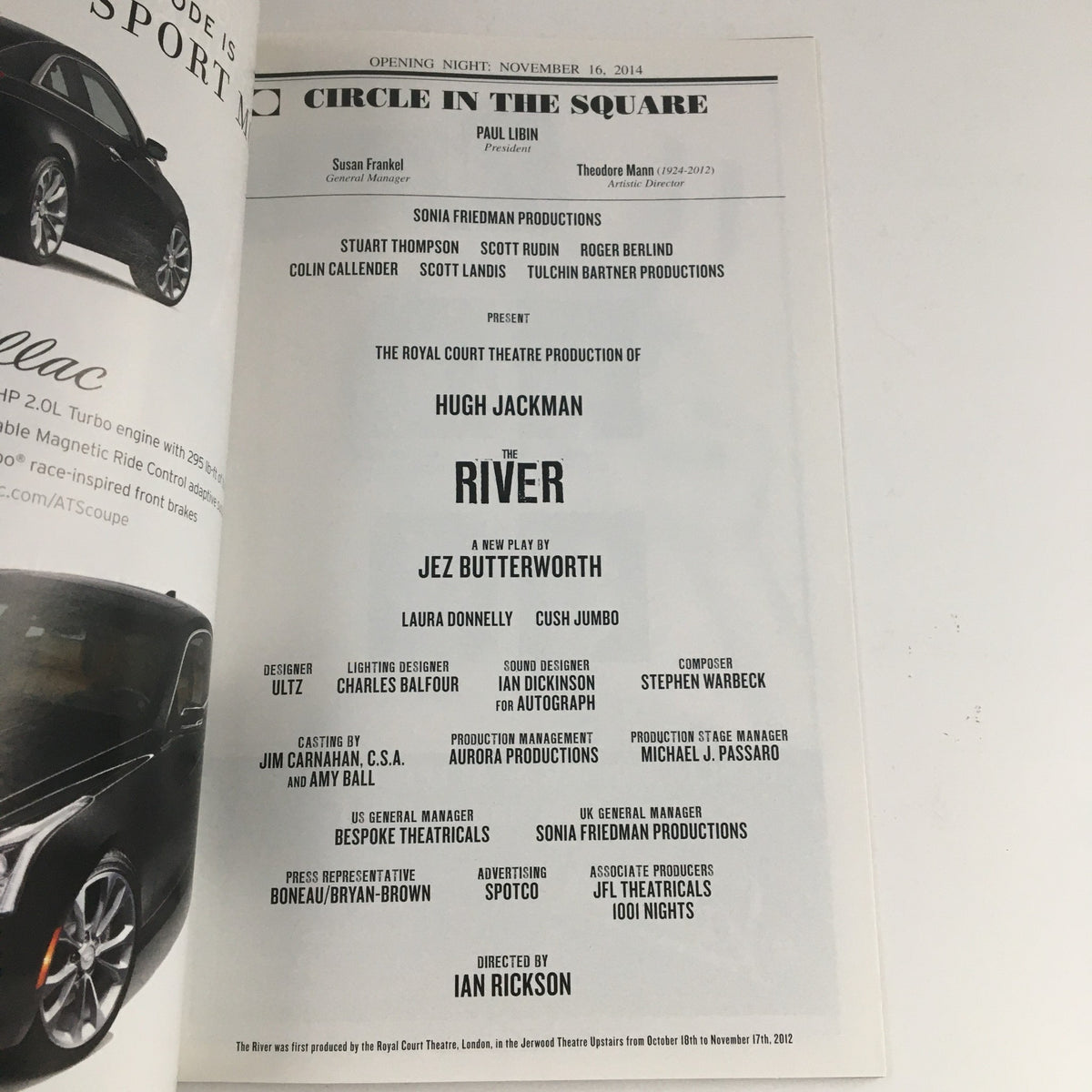 Opening night page of the 2014 Playbill for Circle In The Square showcasing Hugh Jackman in The River, detailing cast and production credits.