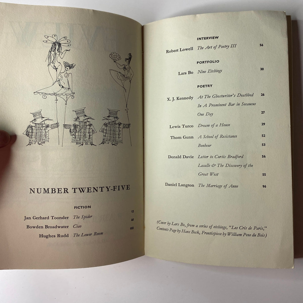Table of contents page from The Paris Review Magazine Spring 1961 No. 25 listing fiction, interviews, and poetry.