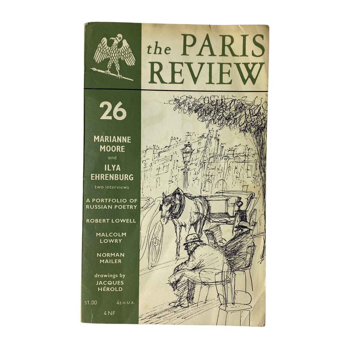 Cover of The Paris Review Magazine Summer-Fall 1961, No. 26 featuring an illustration by Jacques Herold. Highlights include interviews with Marianne Moore and Ilya Ehrenburg, a portfolio of Russian poetry, and contributions from Norman Mailer and Malcolm Lowry.