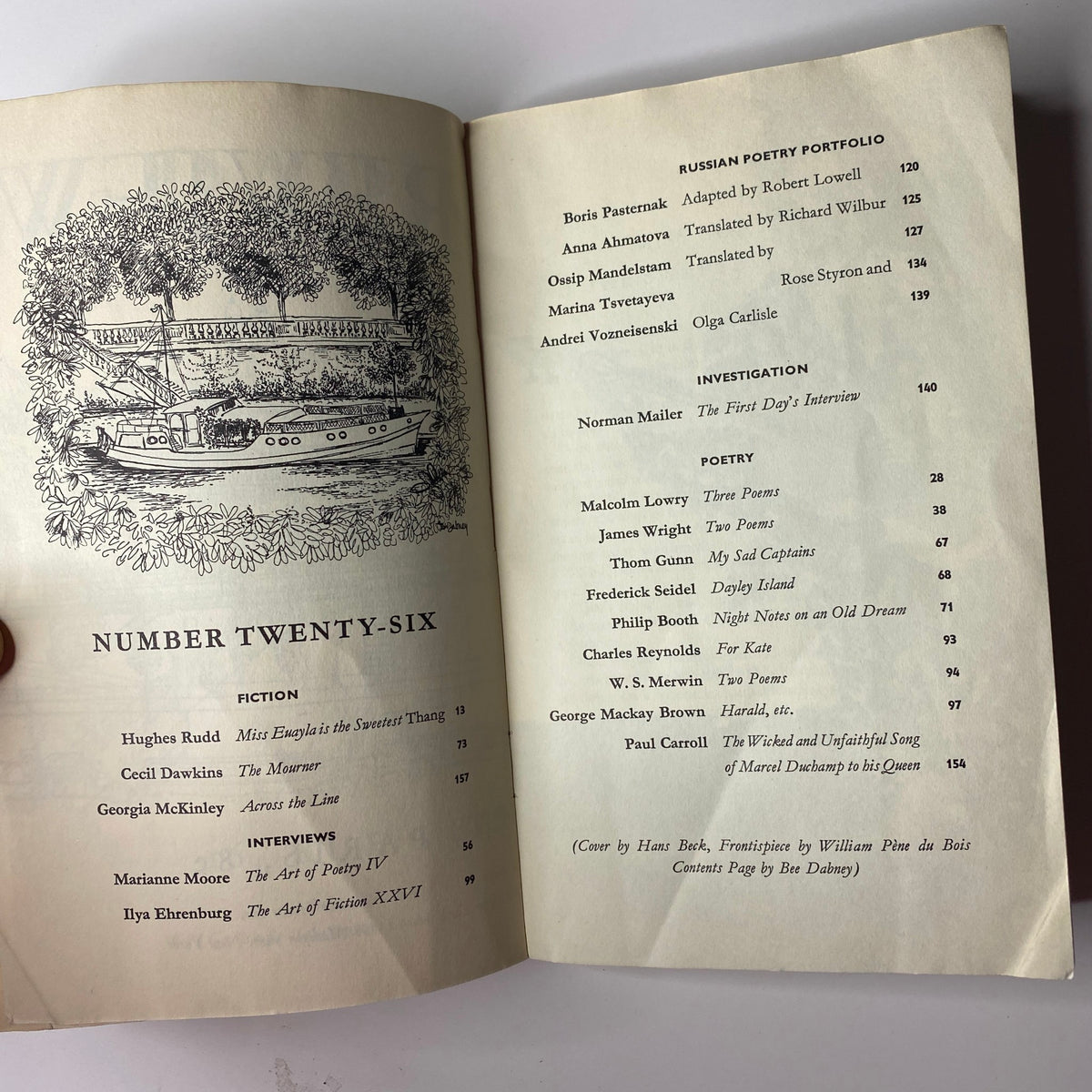 Contents page of The Paris Review Magazine Summer-Fall 1961 No. 26, outlining featured articles including Russian poetry portfolio and interviews, exemplifying its literary significance.