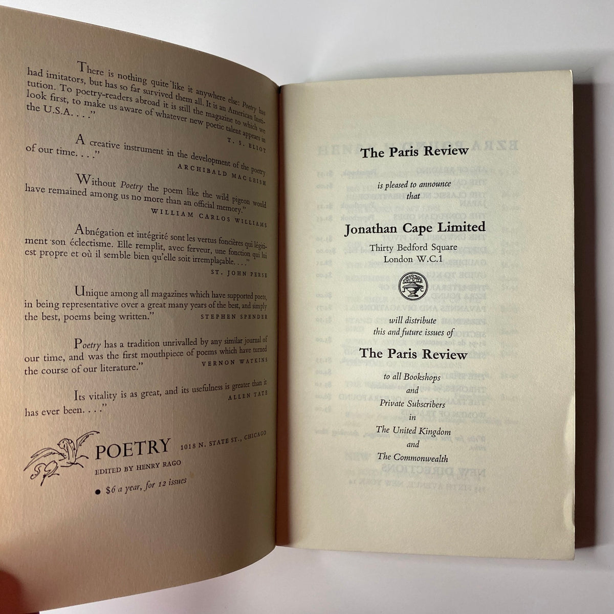 Inner page of The Paris Review Magazine, Summer-Fall 1962, No. 28 featuring a dedication to Jonathan Cape Ltd and detailing publication information.