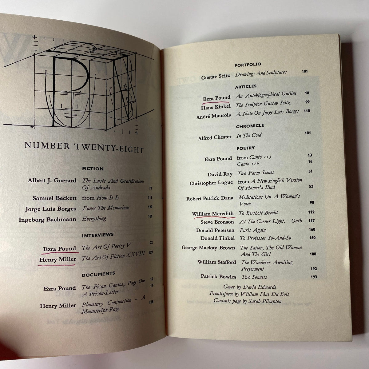 Table of contents from The Paris Review Magazine, Summer-Fall 1962, No. 28. Featuring significant contributions including interviews with Ezra Pound and Henry Miller, along with a variety of fiction and poetry.