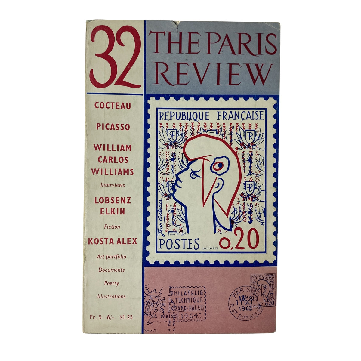 Cover of The Paris Review Magazine Summer-Fall 1964, No. 32 titled 'Jean Cocteau' featuring notable contributors such as Picasso and William Carlos Williams, showcasing vibrant design and artwork.
