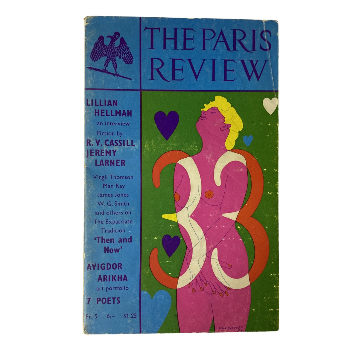 Cover of The Paris Review Magazine Winter-Spring 1965 No. 33, featuring a vibrant illustration of a woman surrounded by hearts, highlighting contributions from Lillian Hellman, R.V. Cassill, and Jeremy Larner.