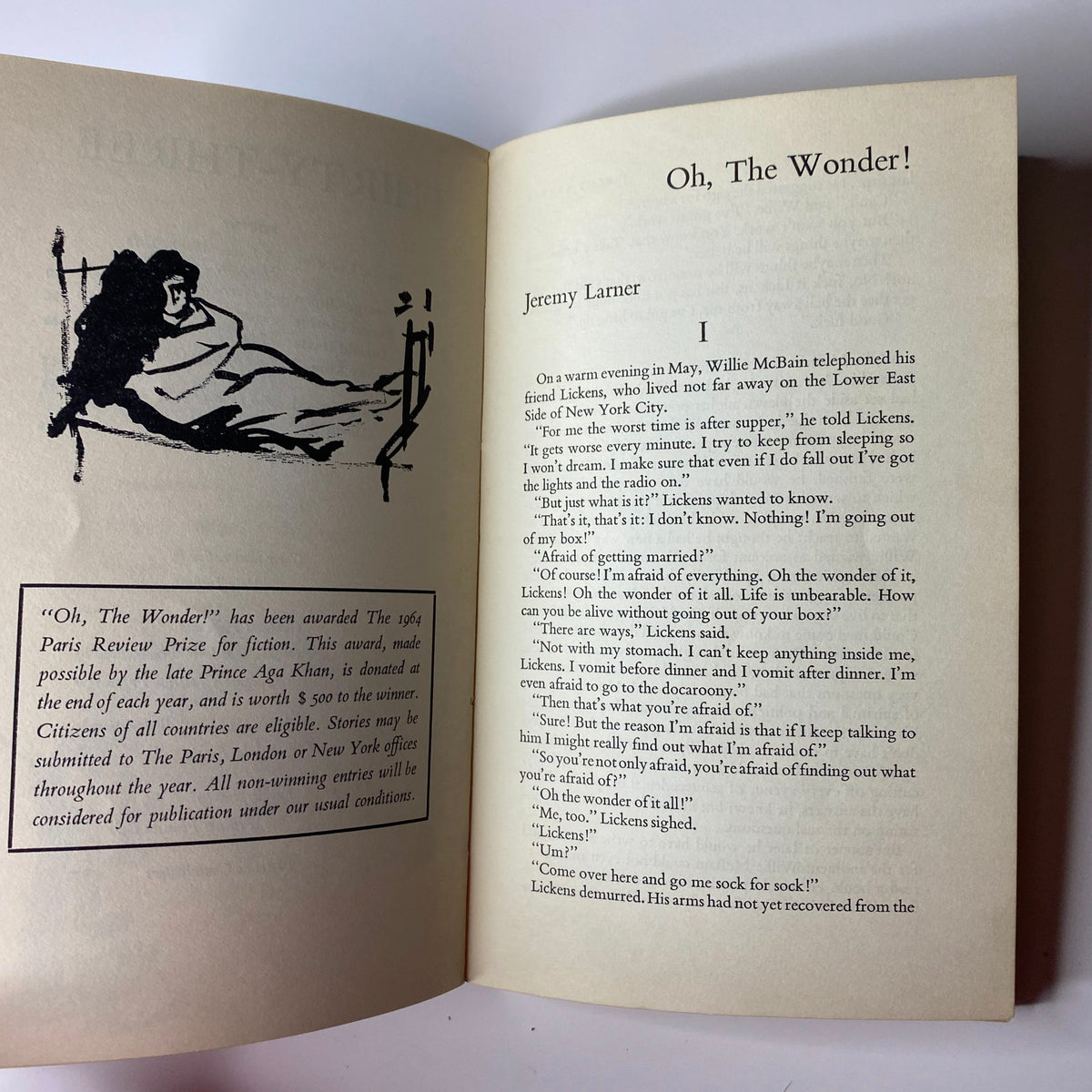 Page from The Paris Review Magazine Winter-Spring 1965 No. 33 displaying the short story 'Oh, the Wonder!' by Jeremy Larner along with an illustration.