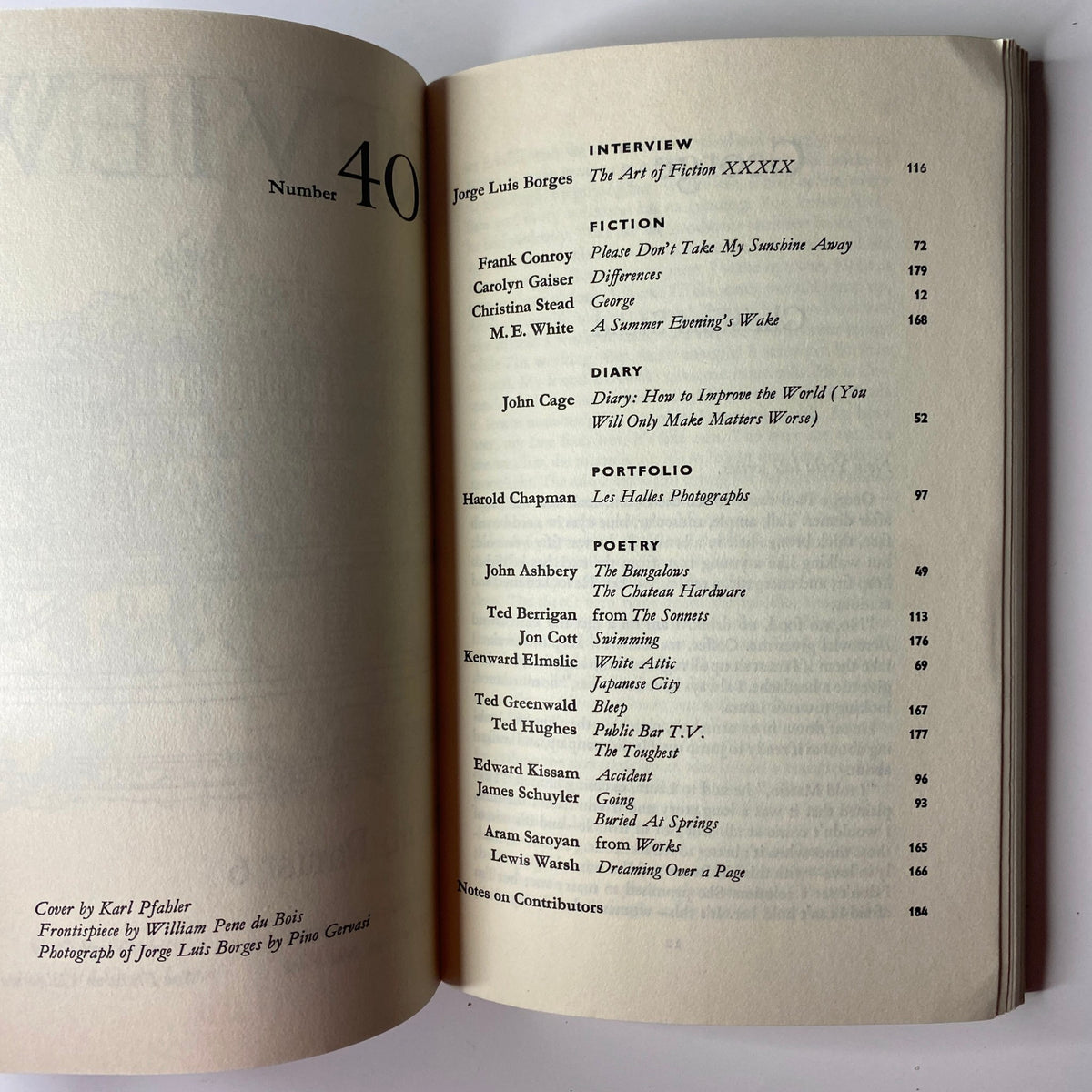 Inside page of The Paris Review Magazine, Winter-Spring 1967, No. 40 featuring the Table of Contents including interview with Jorge Luis Borges and contributions from various authors.