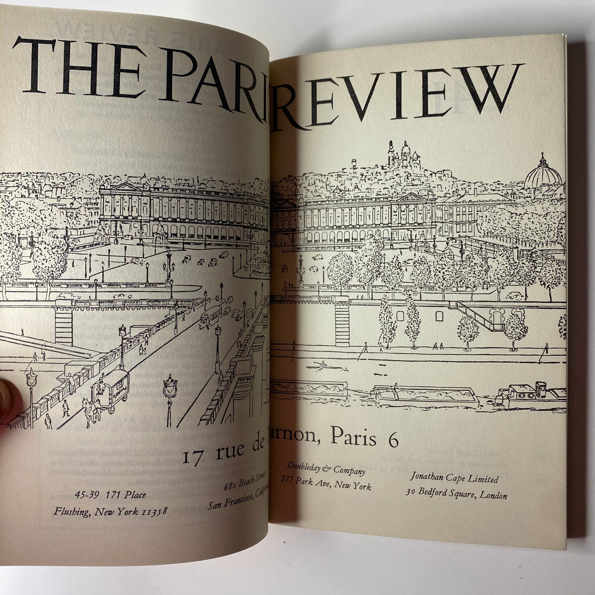 Inside page of The Paris Review Magazine Summer-Fall 1967 No. 41 displaying an illustration of Paris, detailing the publication's address and editorial information.