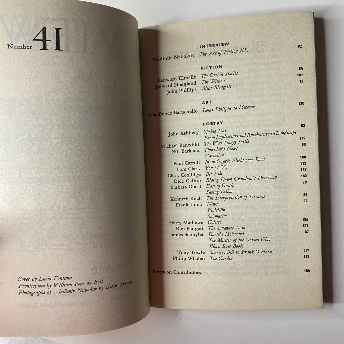 Table of contents from The Paris Review Magazine Summer-Fall 1967 No. 41, featuring contributions by Vladimir Nabokov, Kenward Elmslie, Edward Hoagland, and John Ashbery.