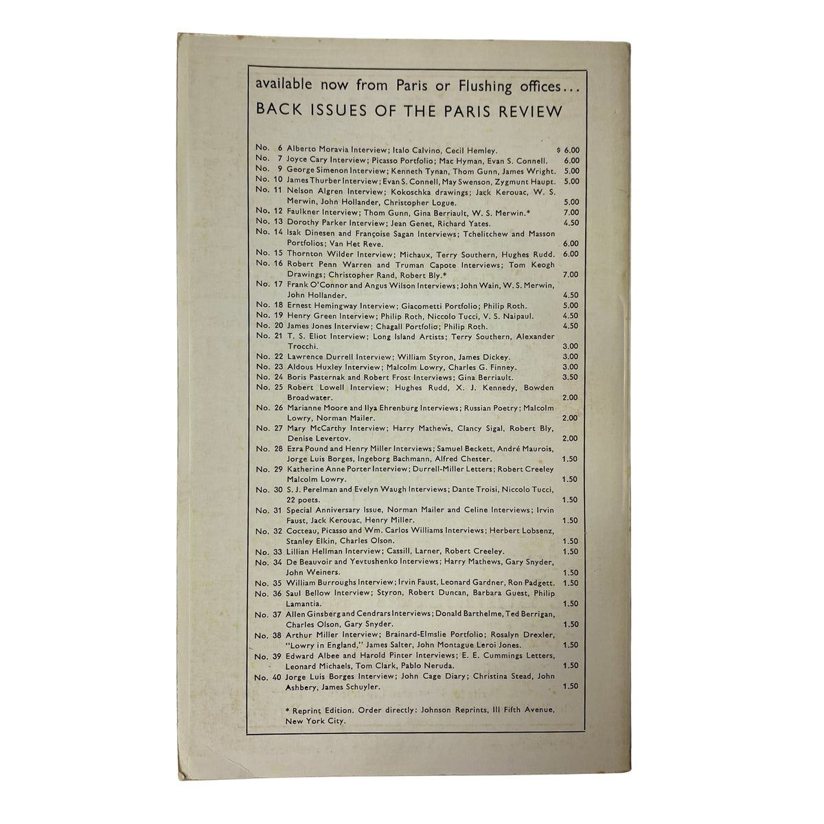 Back cover of The Paris Review Magazine Summer-Fall 1967 No. 41, listing available back issues and subscription information.