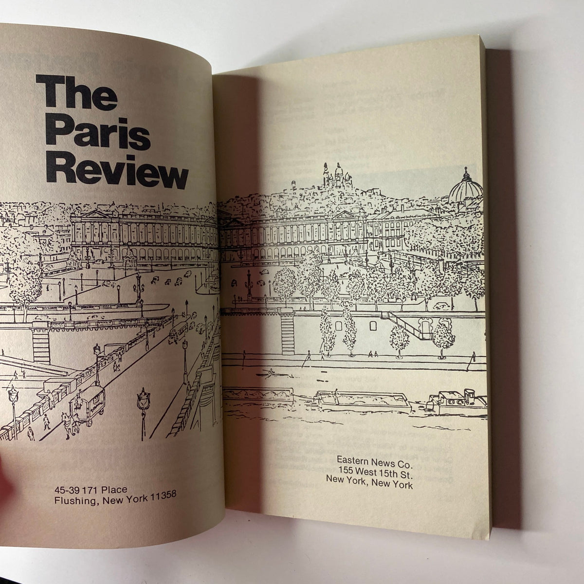 Interior page of The Paris Review Magazine Fall-Winter 1978 No. 74 illustrating a picturesque drawing of the New York skyline.