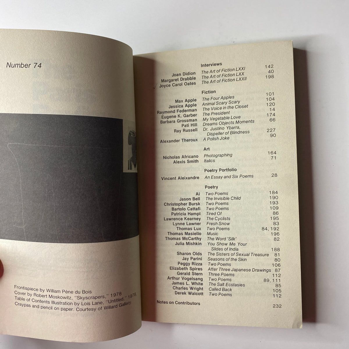 Contents page of The Paris Review Magazine Fall-Winter 1978 No. 74 listing interviews and literary works featured in the issue.