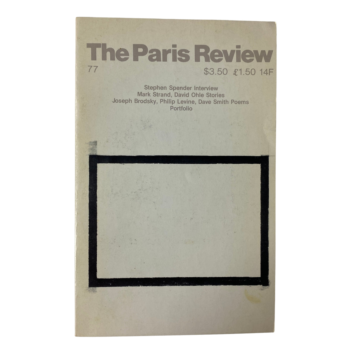 Cover of The Paris Review Magazine Winter-Spring 1980 No. 77 featuring a minimalist design, highlighting the Stephen Spender interview and contributions from notable authors like Joseph Brodsky and Philip Levine.