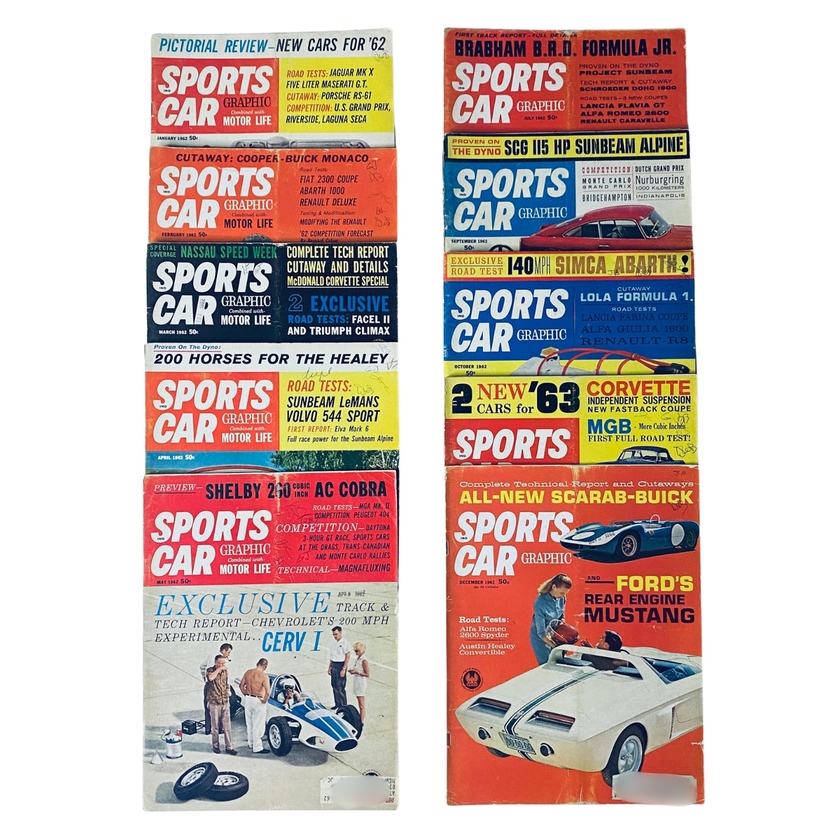 Lot of 10 Sports Car Graphic Magazines featuring covers from January to December 1962 showcasing iconic sports cars, road tests, and motorsport highlights.