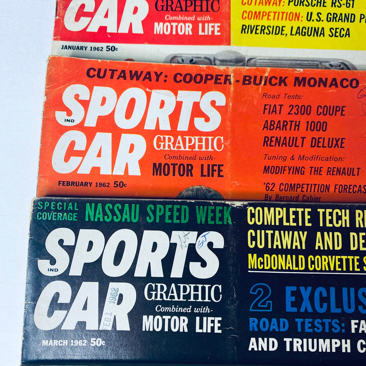 February and March 1962 editions of Sports Car Graphic Magazine highlighting Cooper-Buick Monaco and coverage of Nassau Speed Week.