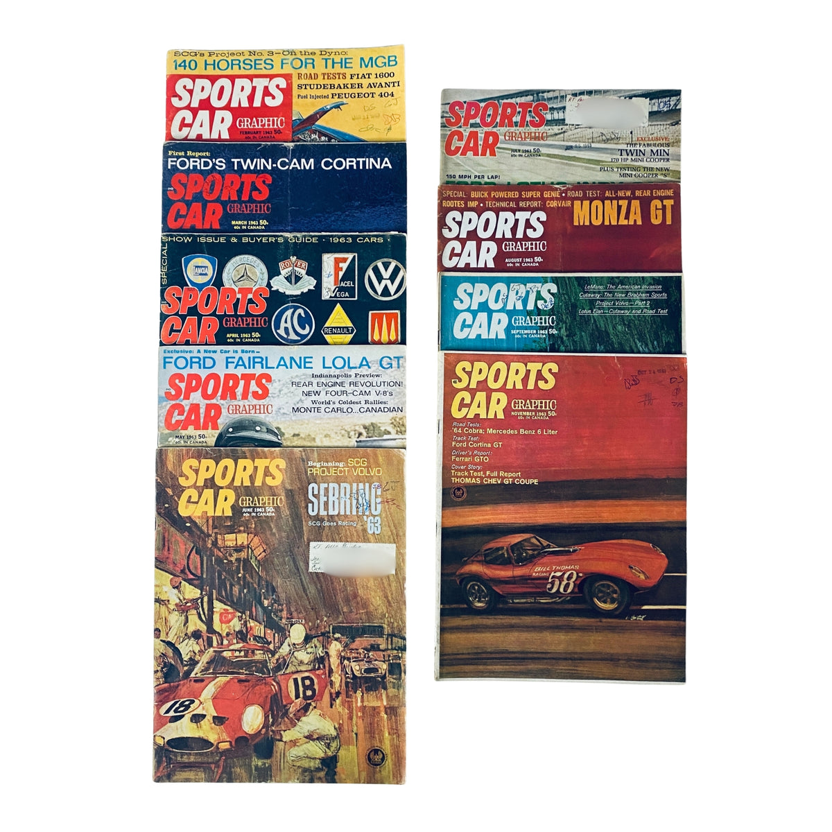 Lot of 9 Sports Car Graphic Magazine 1963 February - September, November showcasing various covers featuring classic cars and racing themes.