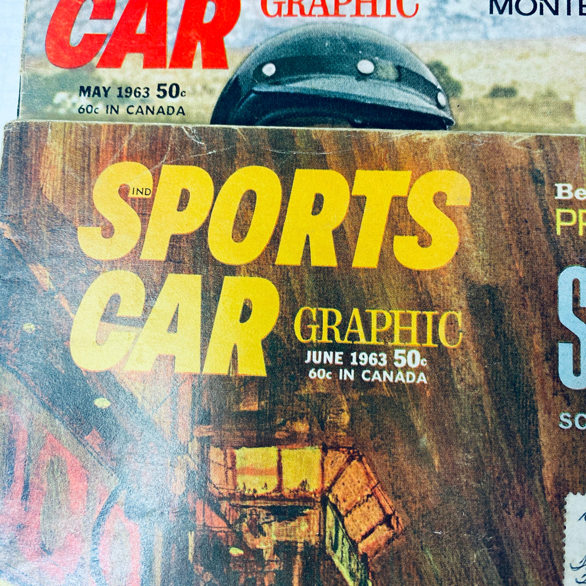 Lot of 9 Sports Car Graphic Magazine 1963 February - September, November featuring the June 1963 issue cover with a dramatic illustration and promotional details.