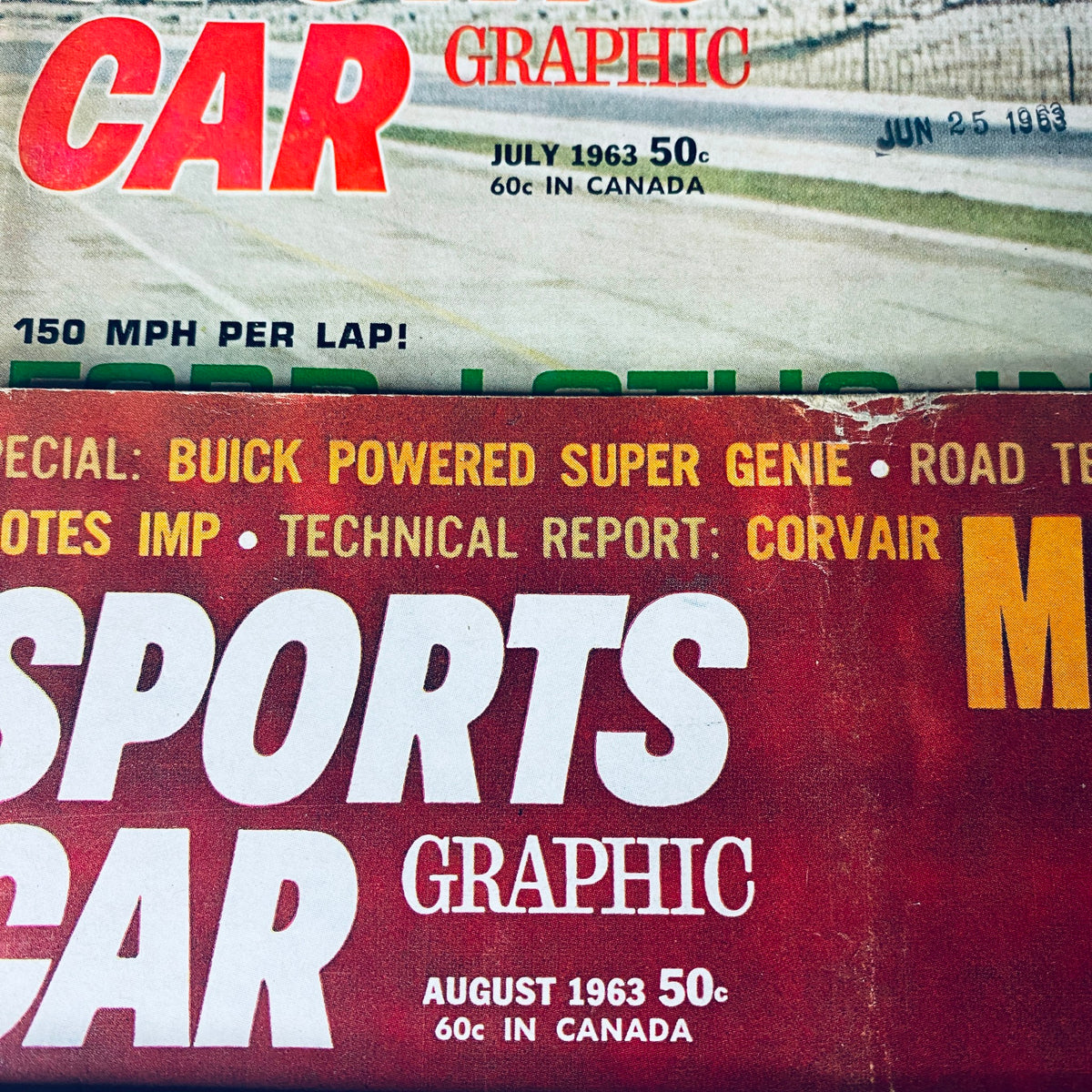 Close-up of Sports Car Graphic magazine covers from July 1963 and August 1963, highlighting automotive features. Lot of 9 Sports Car Graphic Magazine 1963 February - September, November.