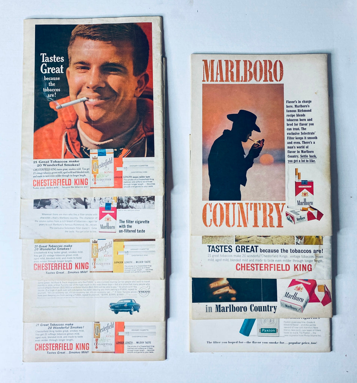 Collection of advertisements from vintage magazines, featuring Marlboro cigarettes. Lot of 9 Sports Car Graphic Magazine 1963 February - September, November.