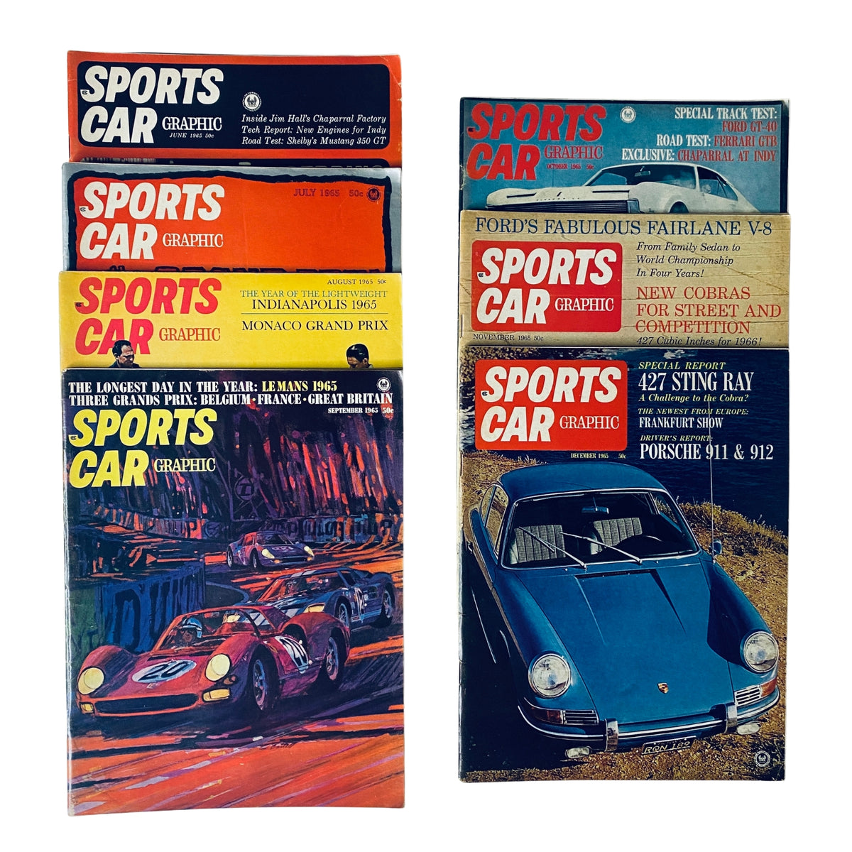Lot of 7 Sports Car Graphic Magazine from June to December 1965, featuring colorful covers with iconic sports cars and motorsport scenes.