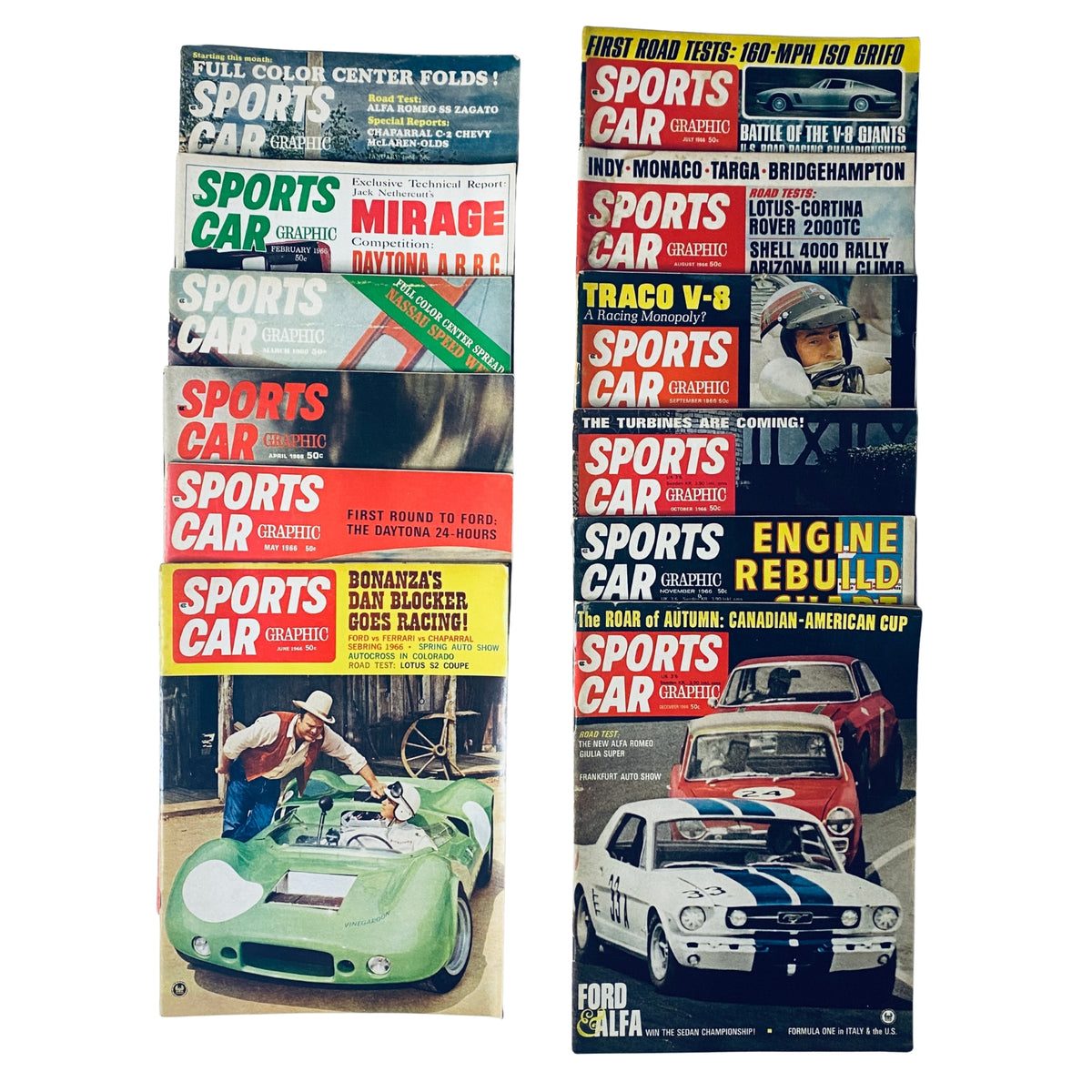 Lot of 12 Sports Car Graphic Magazine 1966 Full Year January - December, showcasing covers of various issues featuring sports cars and racing themes.