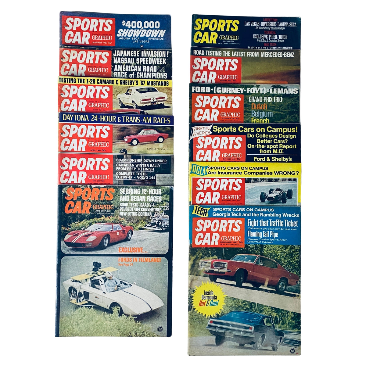 Lot of 12 Sports Car Graphic Magazine covers from 1967 showcasing various car models and features, highlighting significant automotive topics including racing and road tests.