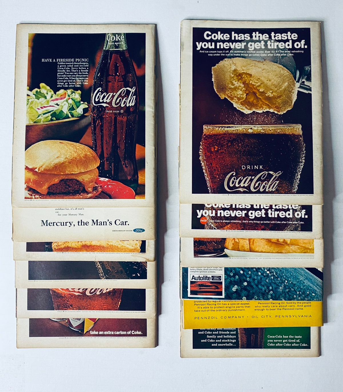 Collection of vintage Coca-Cola advertisements from 1967 featured alongside the Lot of 12 Sports Car Graphic Magazine, emphasizing timeless marketing and automotive culture.