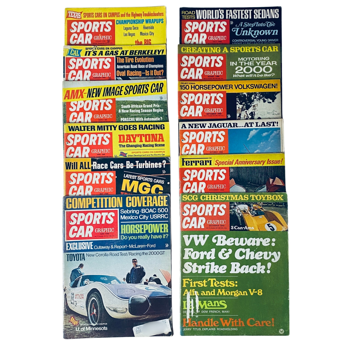 Lot of 12 Sports Car Graphic Magazine covers from the full year 1968, featuring various issues from January to December, showcasing classic sports cars and automotive features.