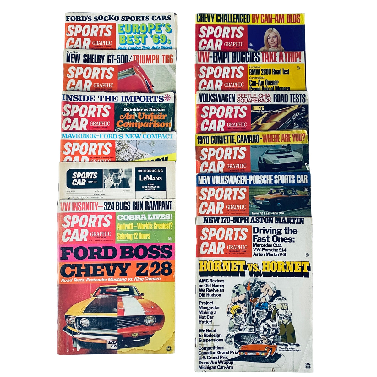 Lot of 12 Sports Car Graphic Magazine 1969 Full Year January - December featuring iconic car covers and automotive themes.