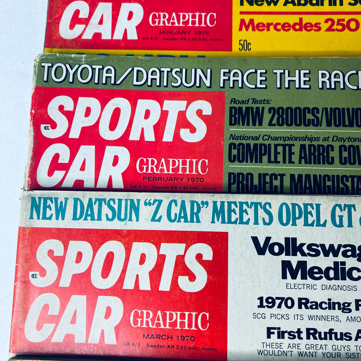 Close-up of Sports Car Graphic Magazines from 1970 showcasing covers with highlights on Datsun, Toyota, and BMW vehicles, part of the Lot of 10 Sports Car Graphic Magazines.