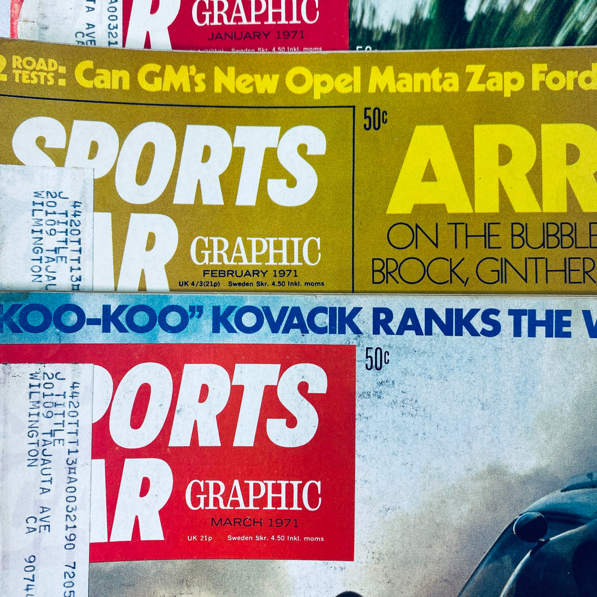 Lot of 5 Sports Car Graphic Magazines from 1971 highlighting magazine covers for February and March editions, with notable car models and racing topics.