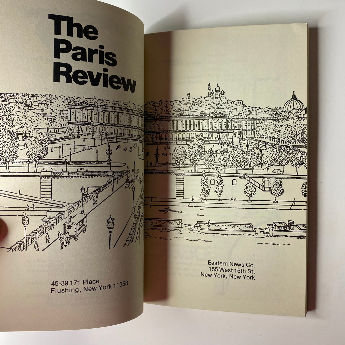 Inside spread of The Paris Review Magazine Winter-Spring 1980 No. 77 displaying a detailed illustration and publication information, reflecting the magazine's literary heritage.